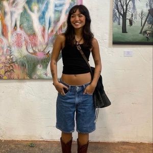 Denim jorts short jeans shorts mid rise low rise dark wash tight vintage